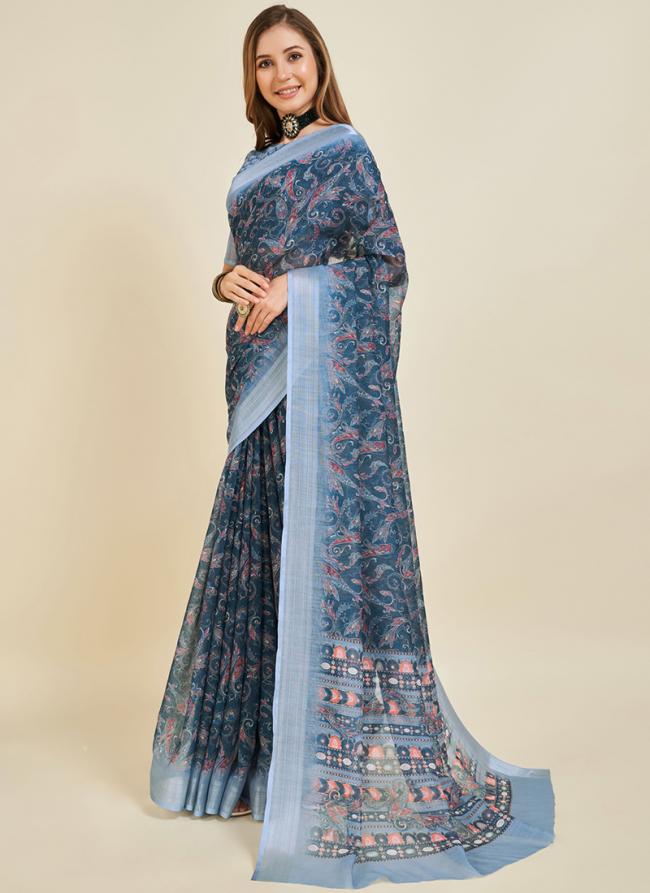 Linen Blue Casual Wear Printed Saree